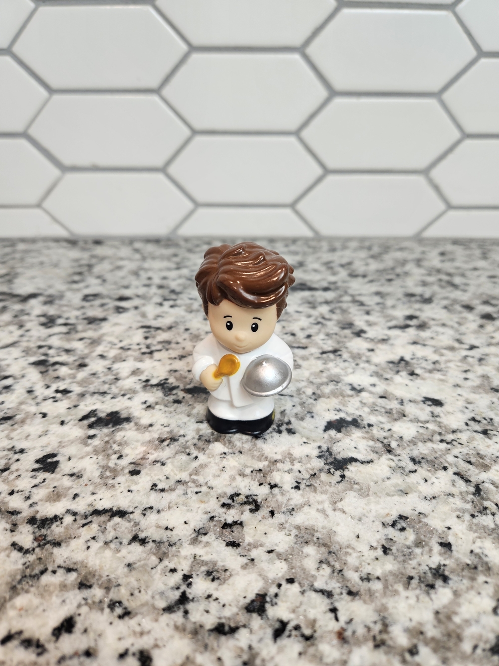 Fisher-Price Chef Figure in White Outfit with Brown Hair and Silver Pan